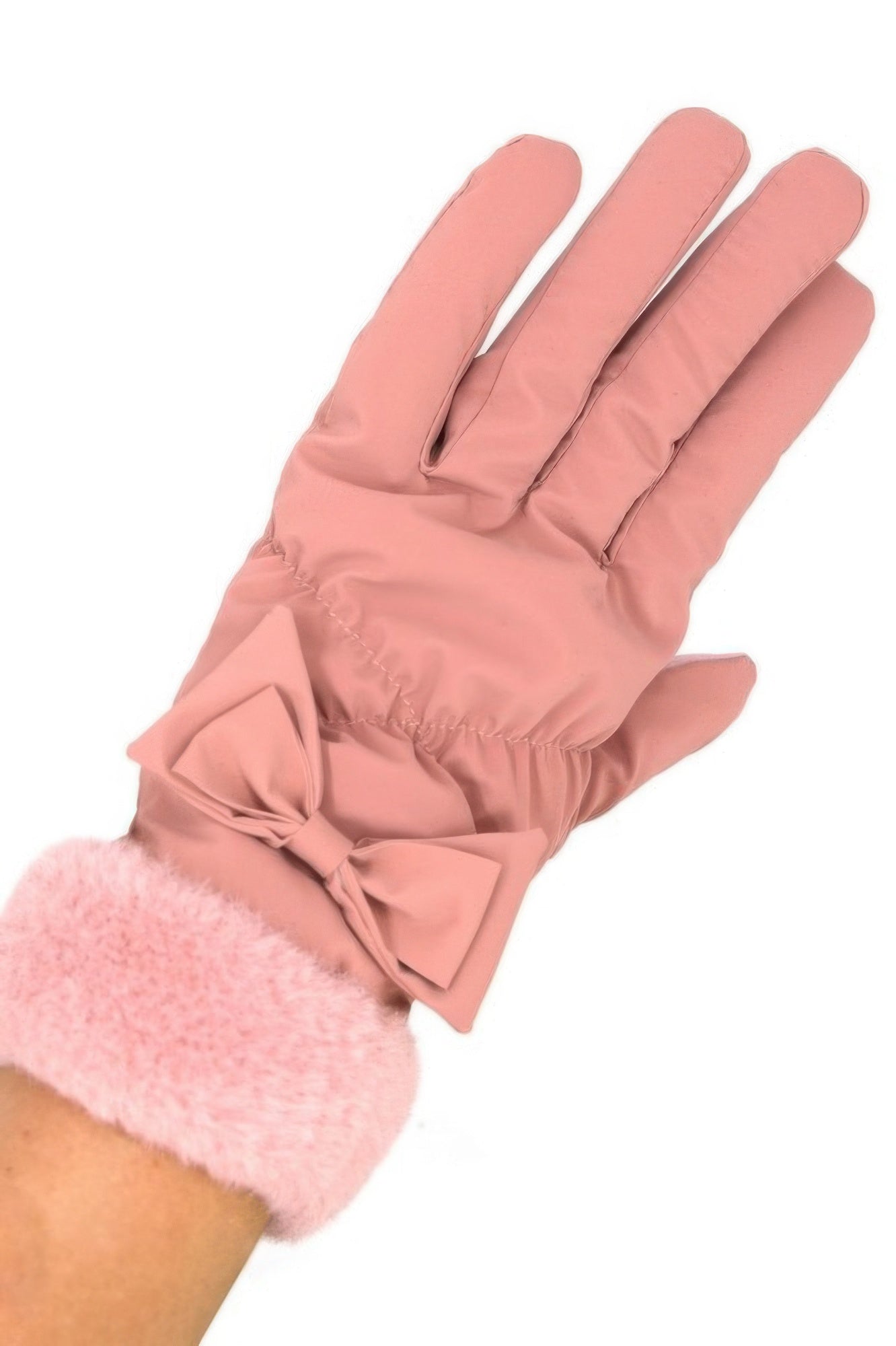 Pink fleece smart-touch gloves with faux fur cuff and bow on back