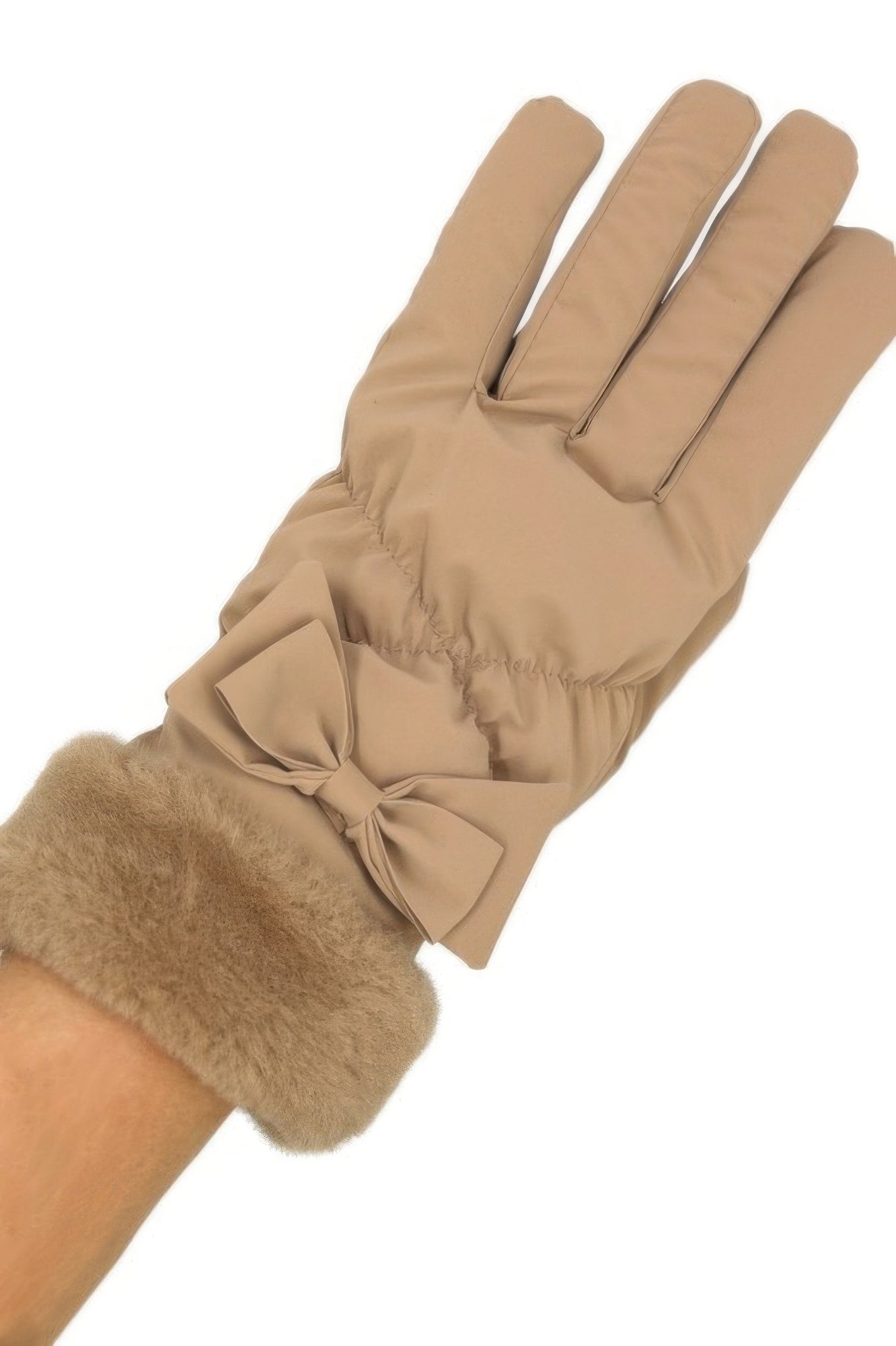 Taupe fleece smart-touch gloves with faux fur cuff and bow accent