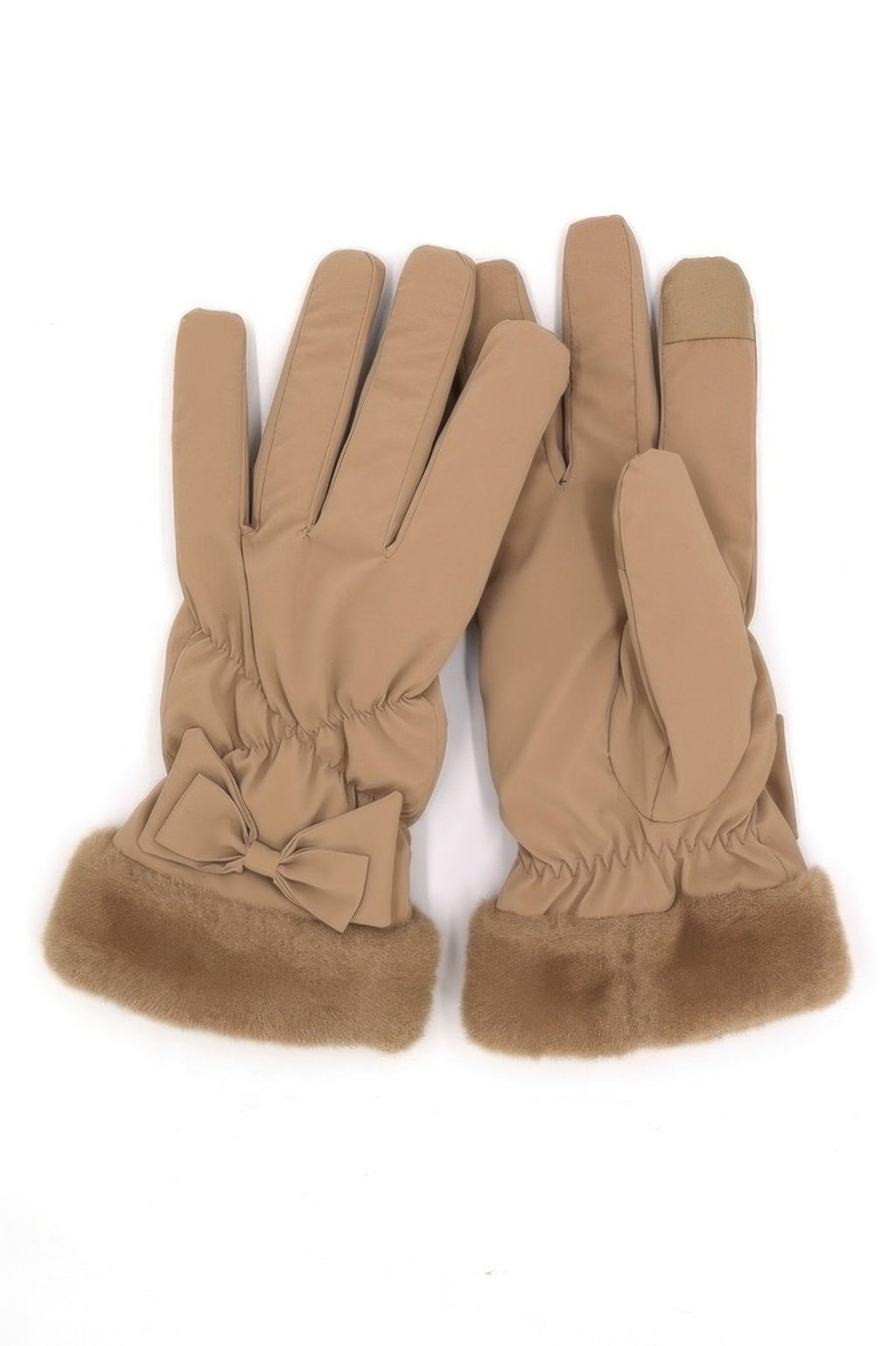 Taupe smart-touch fleece gloves set with faux fur cuffs and bows