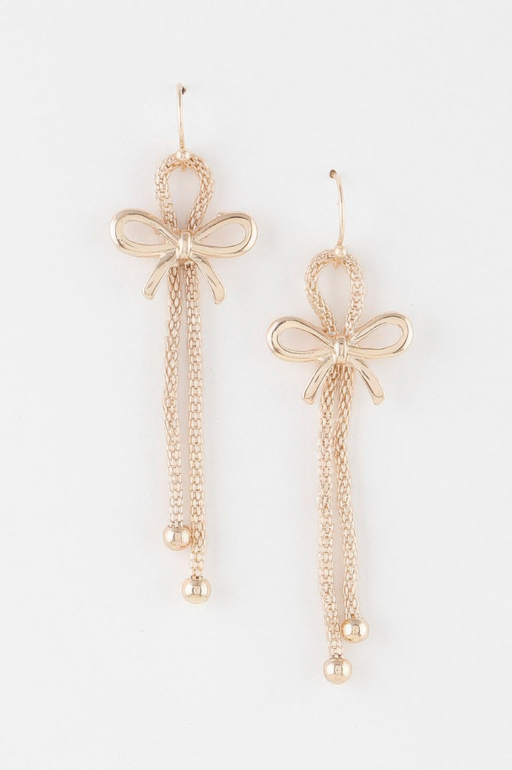 Gold box chain ribbon earrings with bow and two dangling bead chains