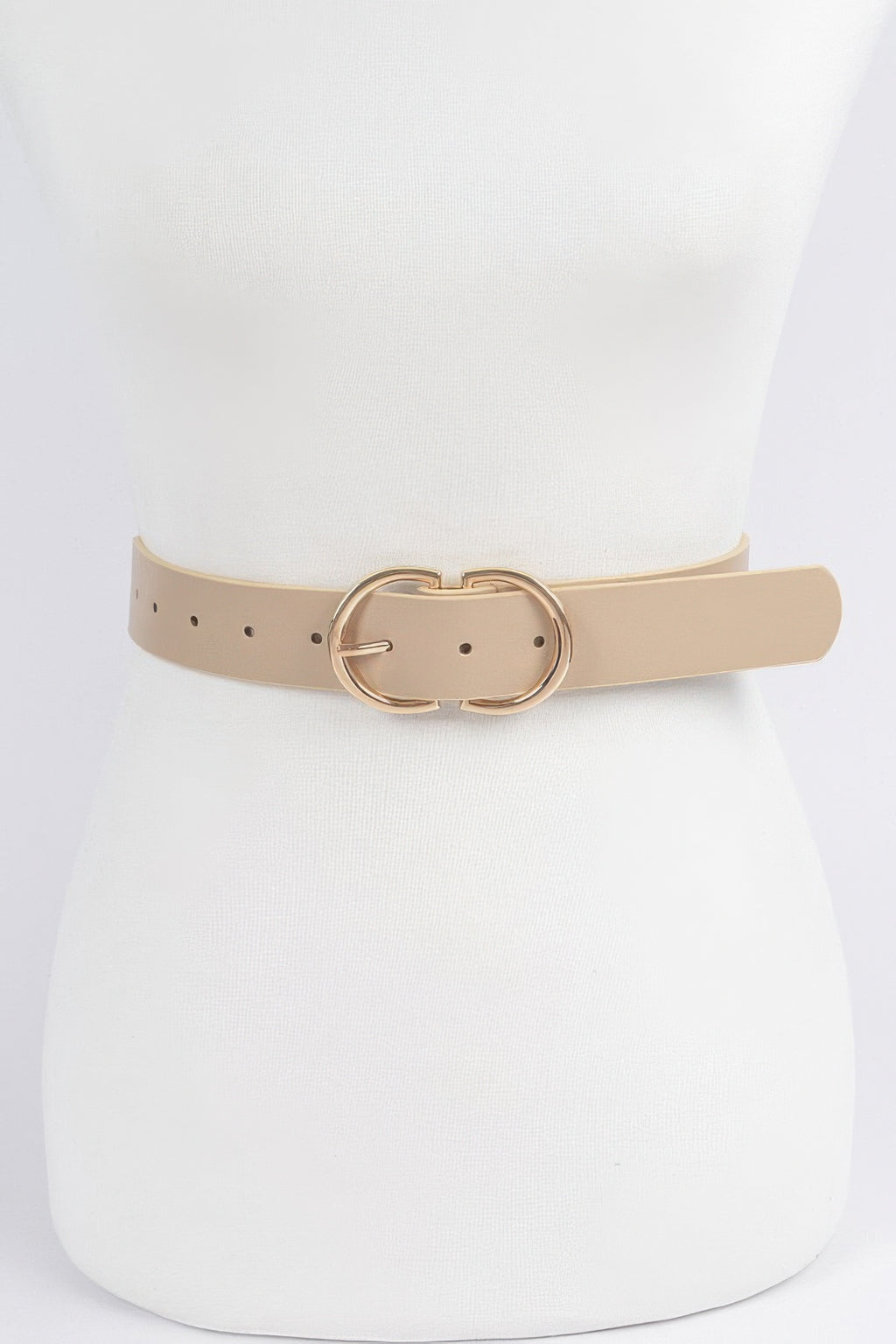 Nude braided embossed belt with double round buckle and punched holes