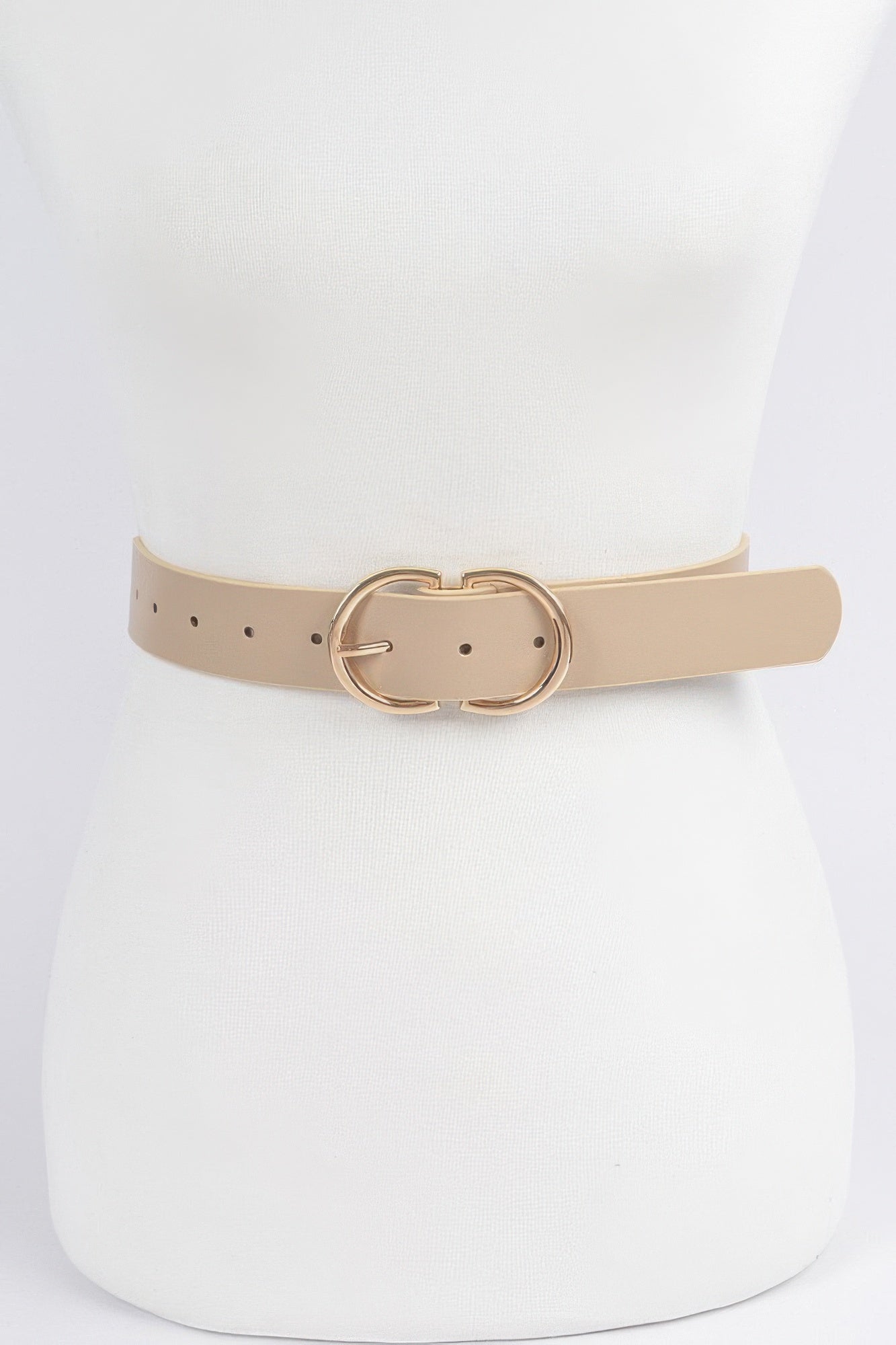 Nude braided embossed belt with double round buckle and punched holes