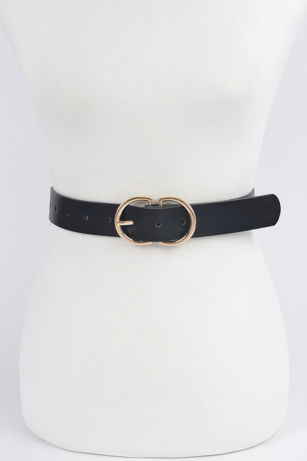 Black belt with double round buckle and punched holes on wide strap