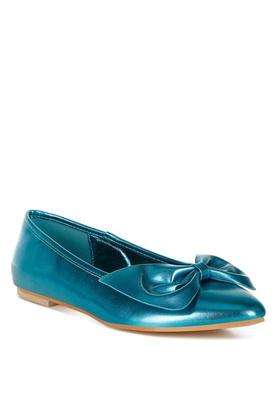 Metallic pleather ballet flats with oversized bow, teal blue