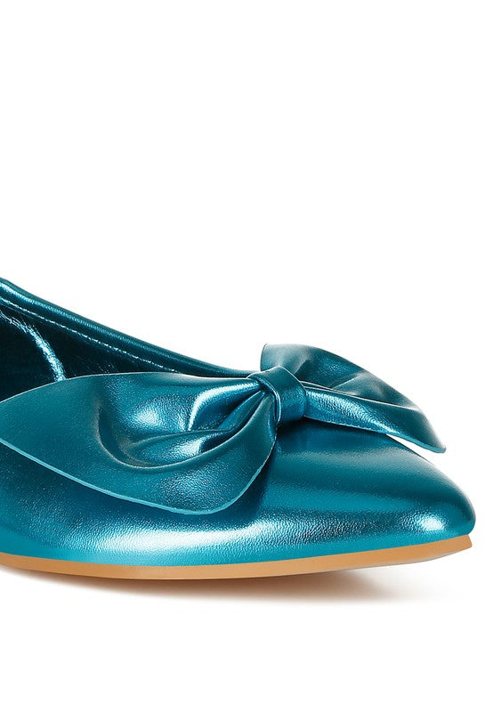 Teal metallic ballet flats with large bow detail at the toe