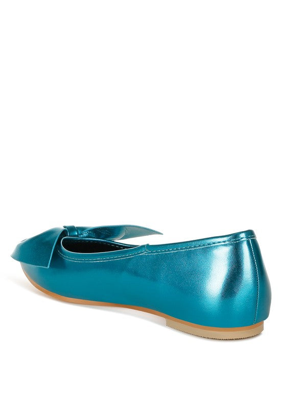 Teal metallic pleather ballerina flats, rounded toe and bow