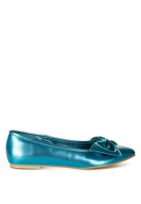 Teal metallic ballet flats with bow detail and tan sole