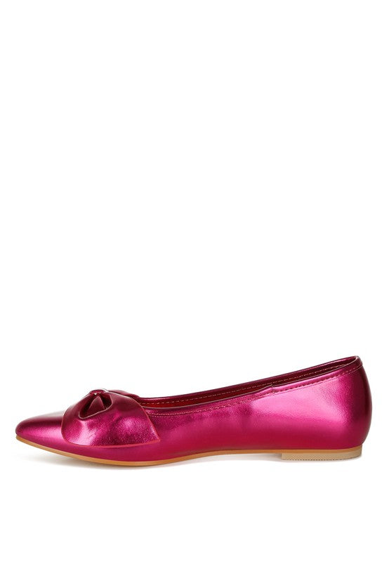 Fuchsia metallic pleather flats with bow detail, rounded toe