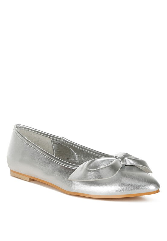 Silver metallic ballet flats with bow at toe and tan sole