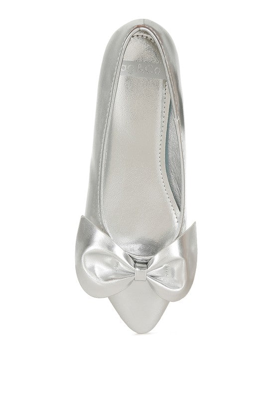 Silver metallic pleather ballet flats with bow