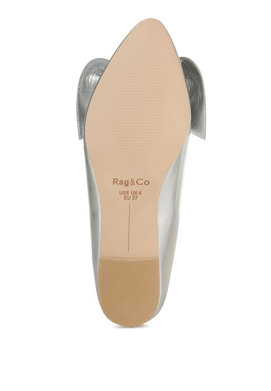 Silver ballet flats with bow, US-6 UK-4 EU-37 label, textured sole