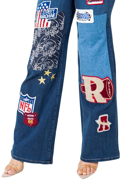 Dark wash jeans: detailed front leg patches with NFL-style logos and graphics