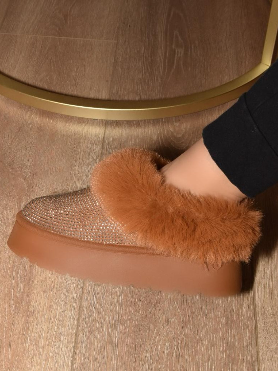 Brown Embellished Faux Fur Platform Booties - Tigbul's Variety Fashion Shop
