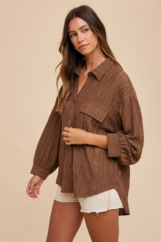 Brown Openwork Button Down Drop Shoulder Shirt - Tigbul's Variety Fashion Shop