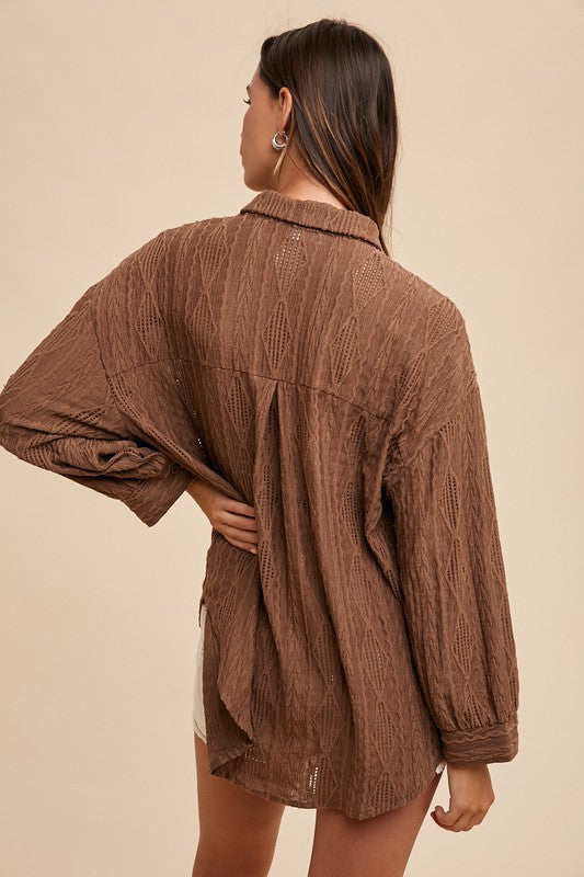 Brown Openwork Button Down Drop Shoulder Shirt - Tigbul's Variety Fashion Shop