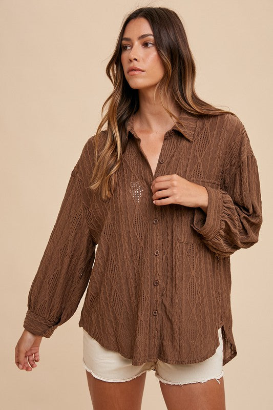 Brown Openwork Button Down Drop Shoulder Shirt - Tigbul's Variety Fashion Shop