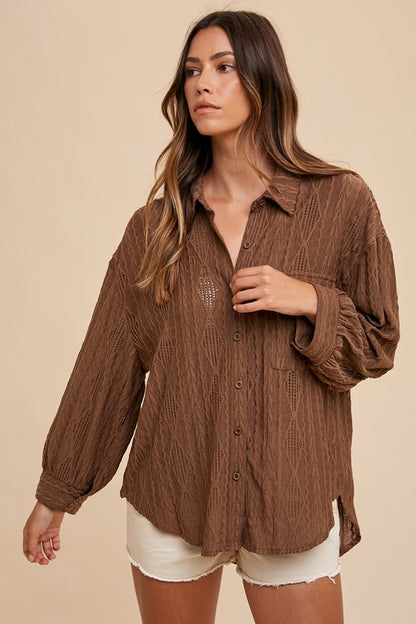 Brown Openwork Button Down Drop Shoulder Shirt - Tigbul's Variety Fashion Shop