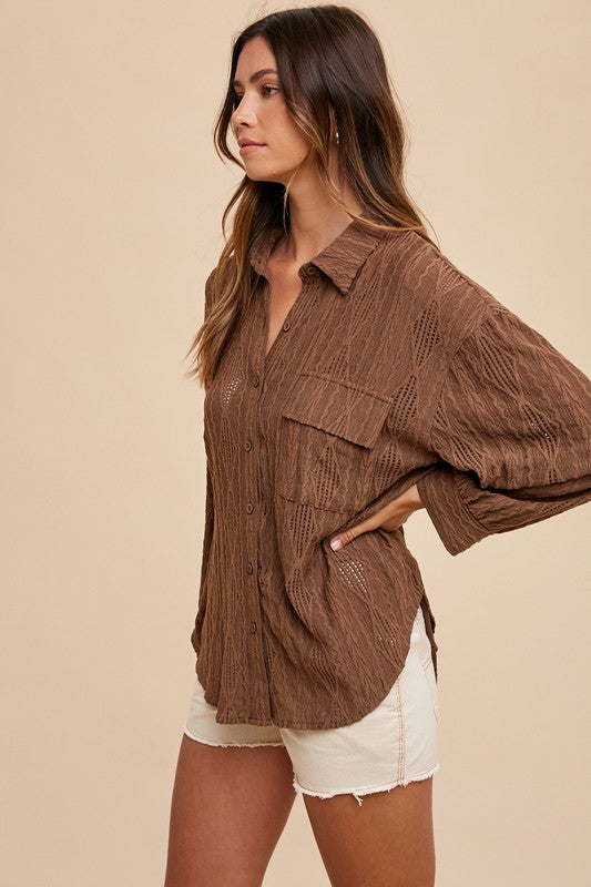 Brown Openwork Button Down Drop Shoulder Shirt - Tigbul's Variety Fashion Shop