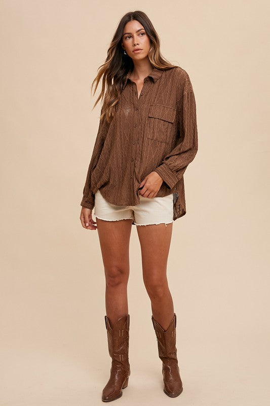 Brown Openwork Button Down Drop Shoulder Shirt - Tigbul's Variety Fashion Shop