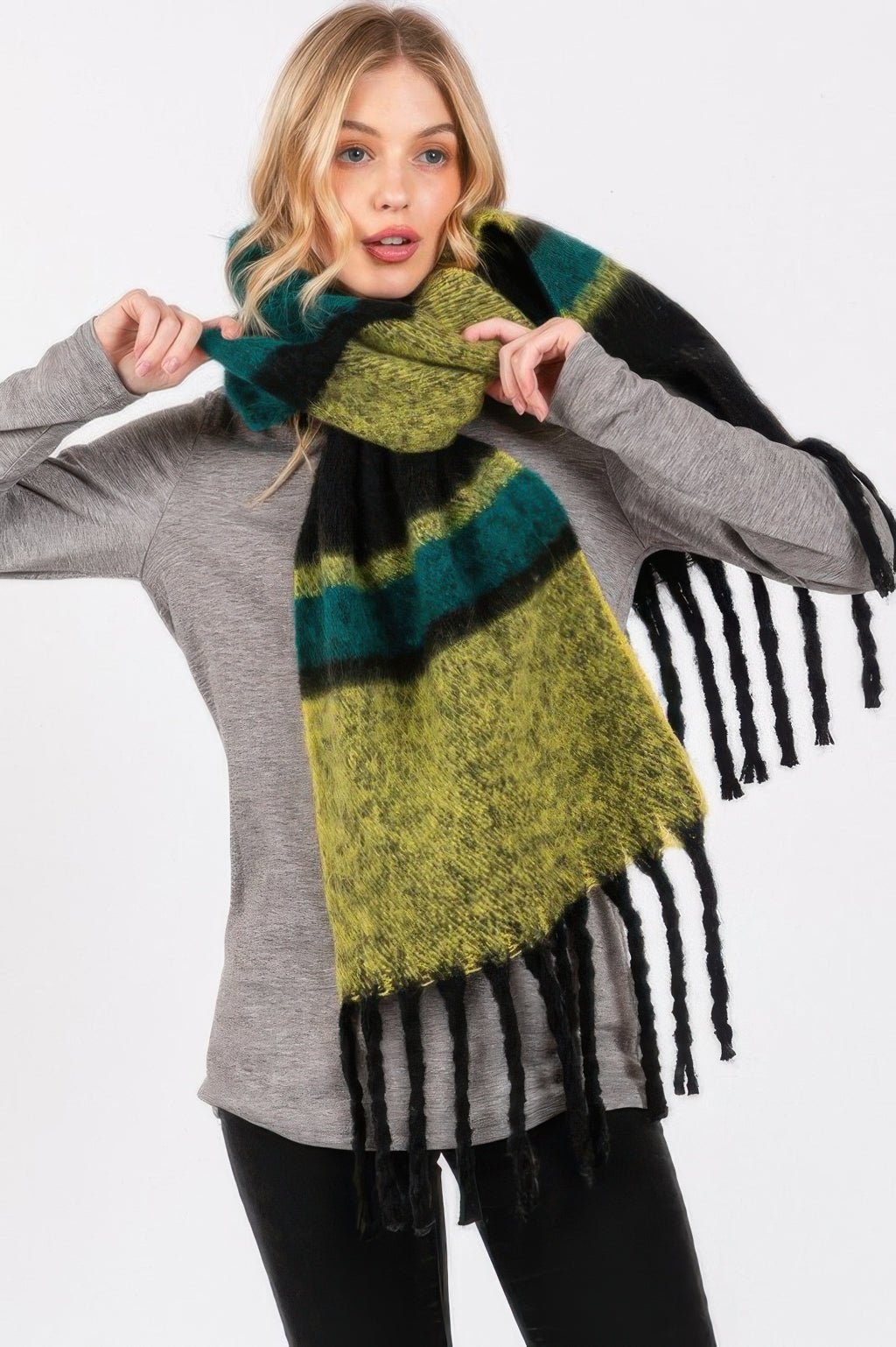 Brushed stripe scarf in green, teal, and black with tassel fringe ends