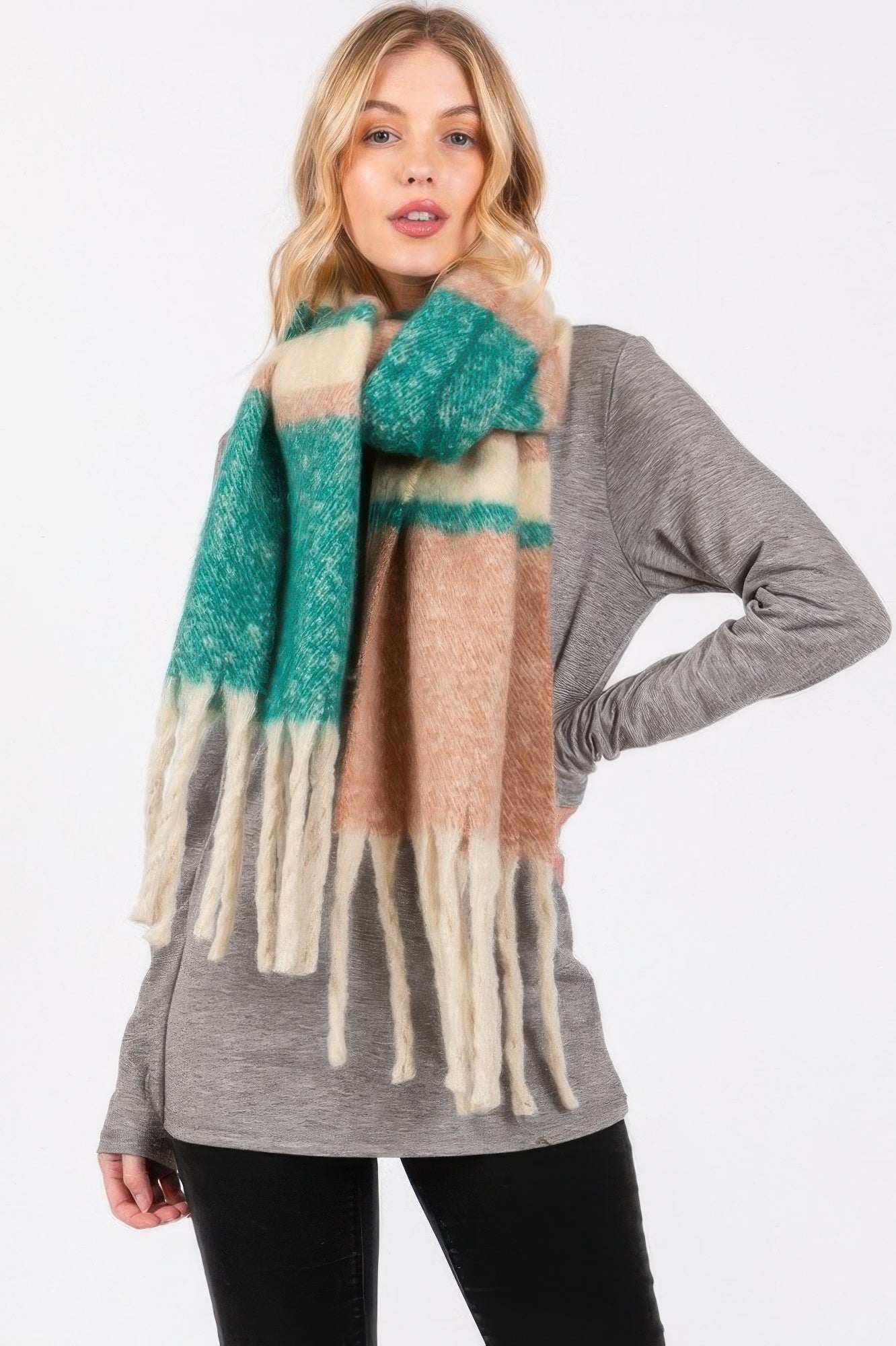 Brushed multi-color stripe scarf in teal and cream with long fringe