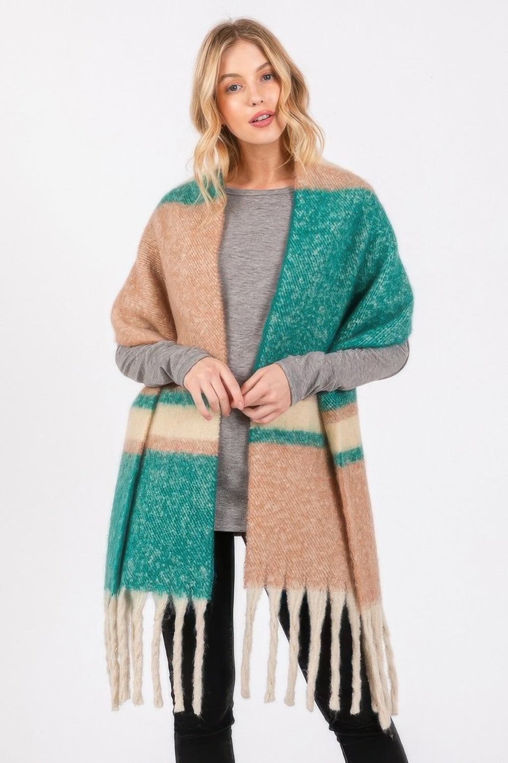 Multi-color stripe scarf with teal and tan panels and dangling fringe