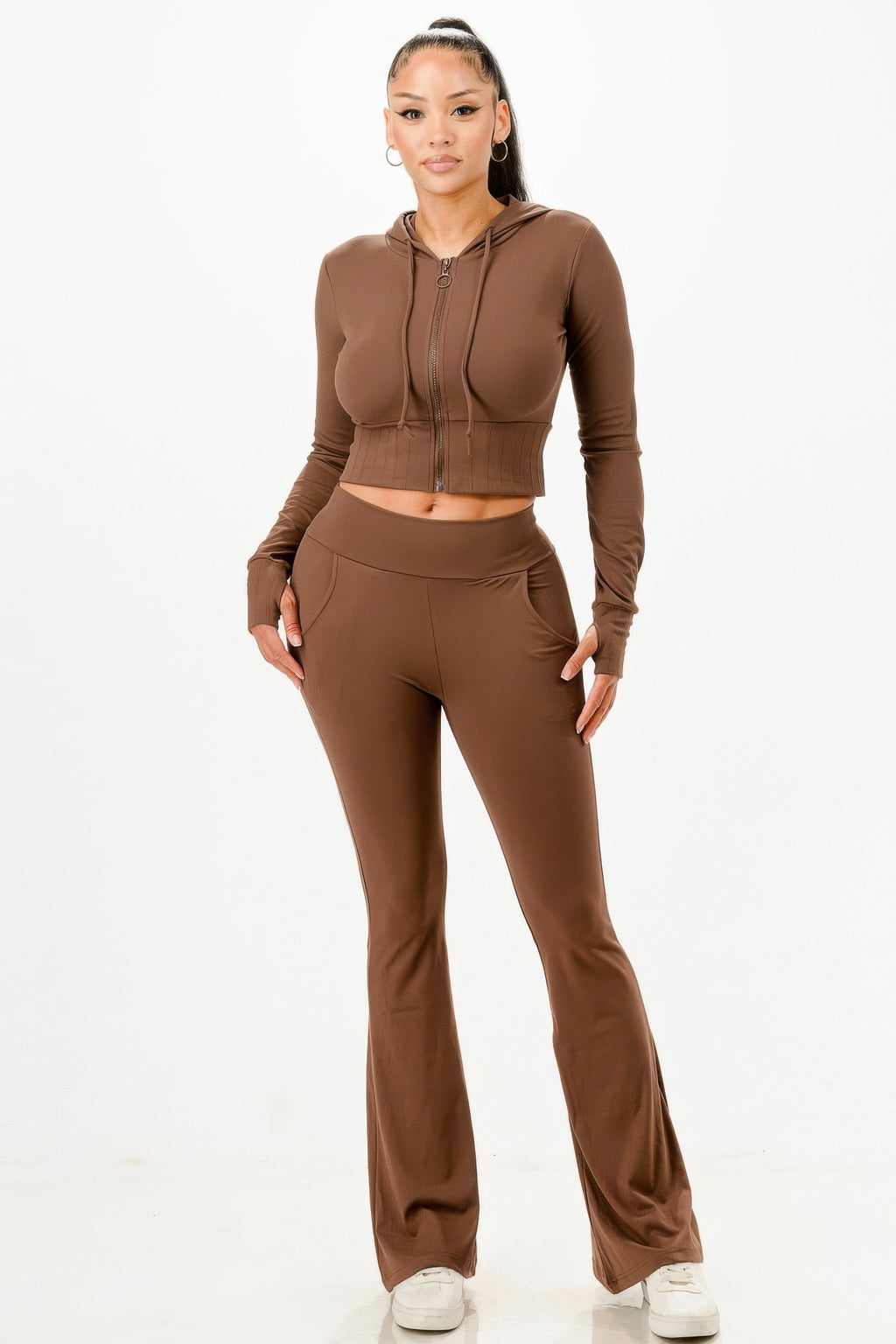 Butter-soft crop hoodie and flare pants set in brown, full outfit view