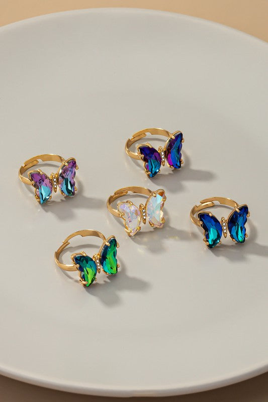 Butterfly ring: adjustable brass band with multi-color butterfly stones, one size