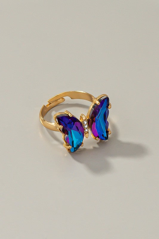 Butterfly ring with adjustable brass band, blue and purple butterfly stones with rhinestones, one size