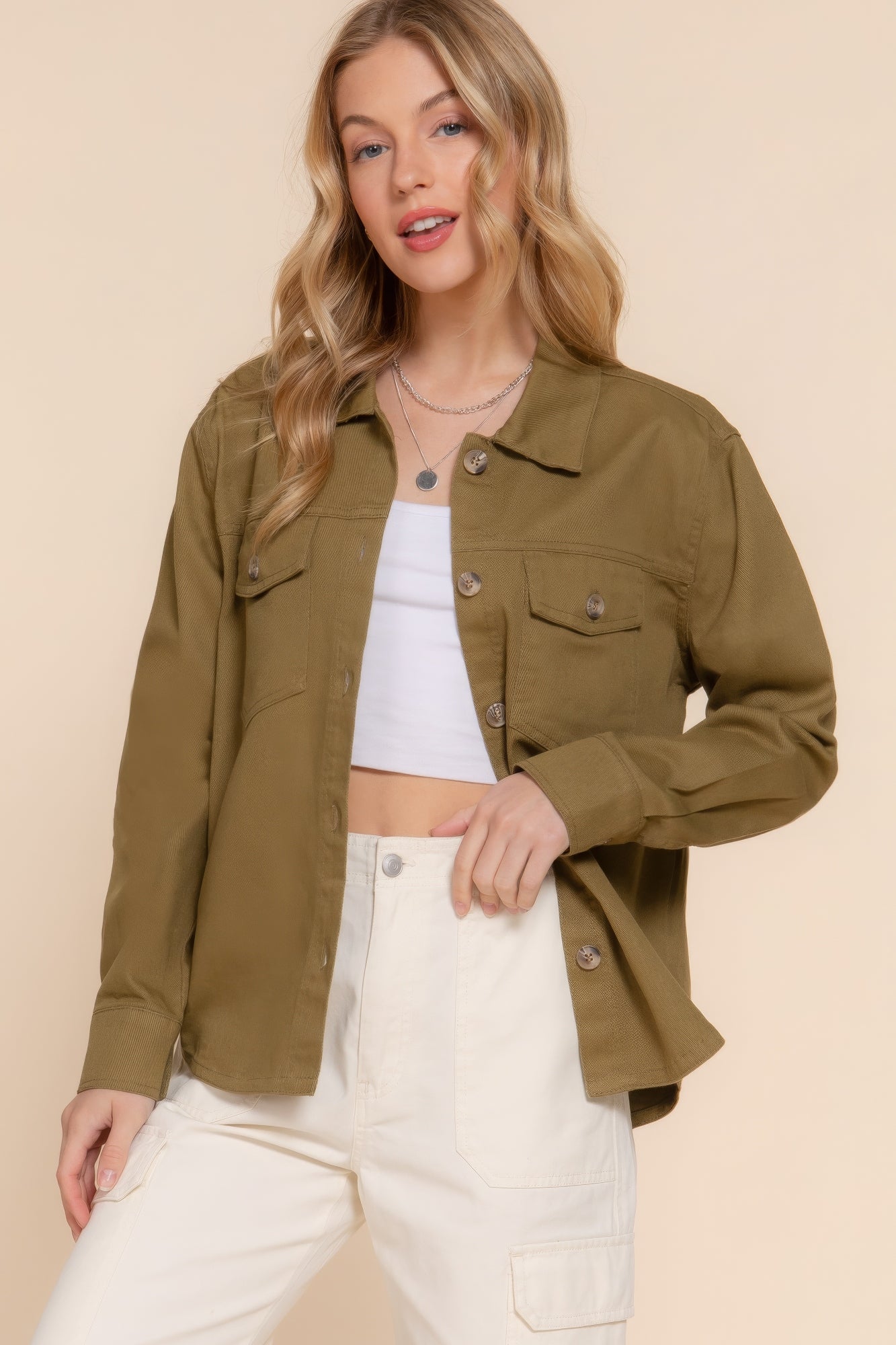 Olive button-front cotton denim shacket with pointed collar and chest flap pockets