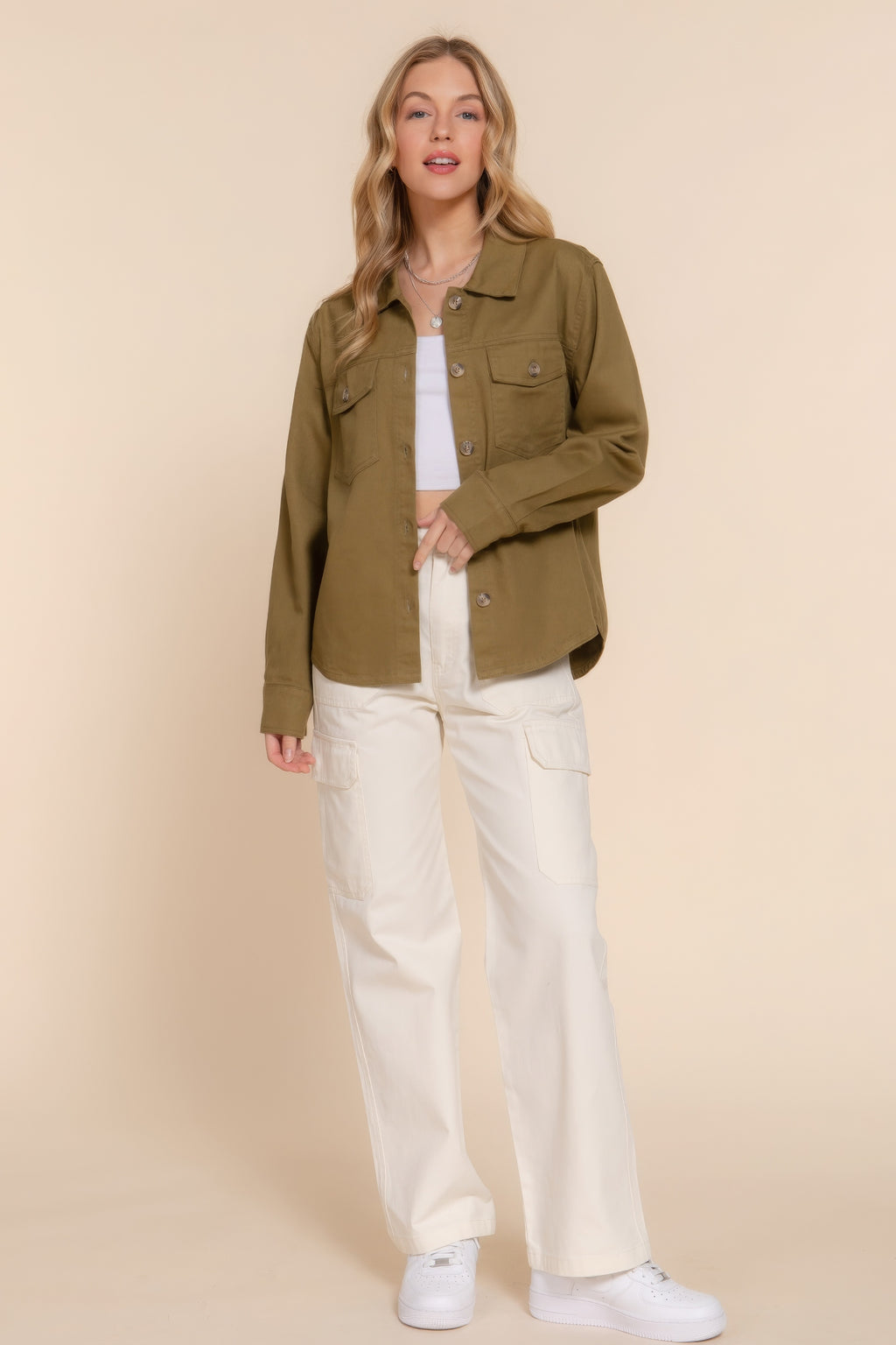 Olive cotton denim shacket with button placket and two chest flap pockets