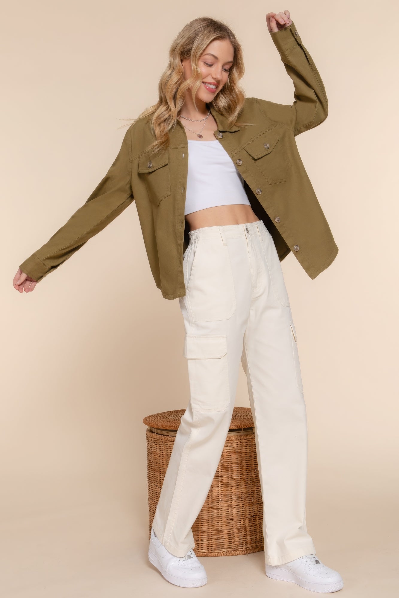 Olive cotton denim shacket with button closure and chest flap pockets