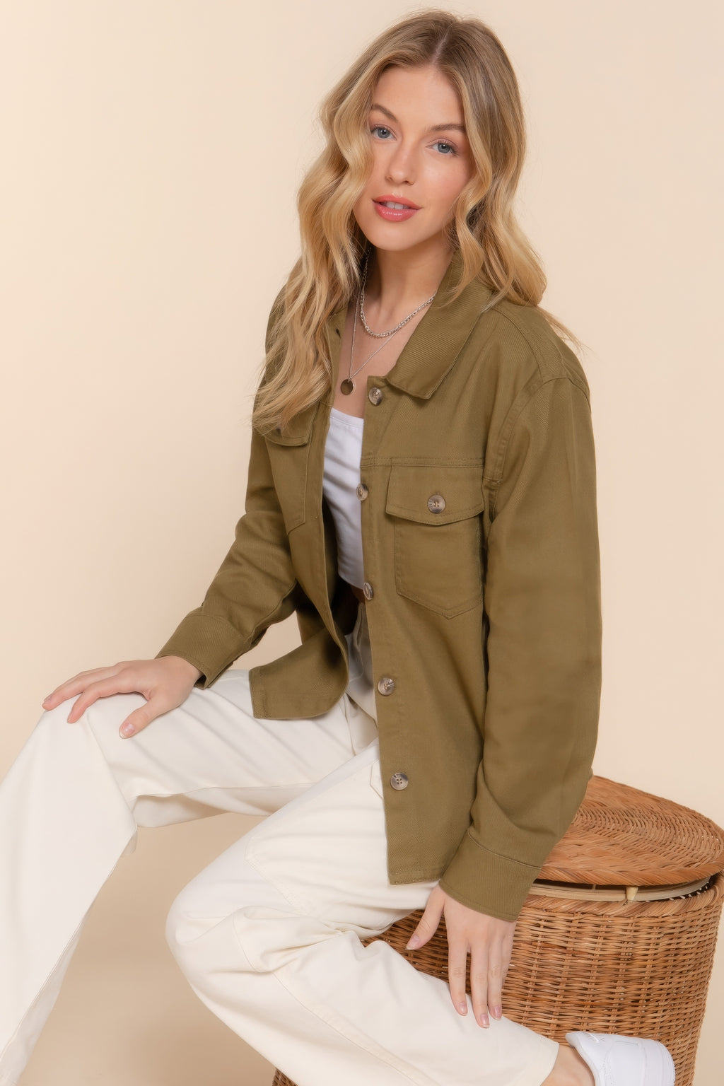 Olive button-front denim shacket with collar and chest flap pocket details
