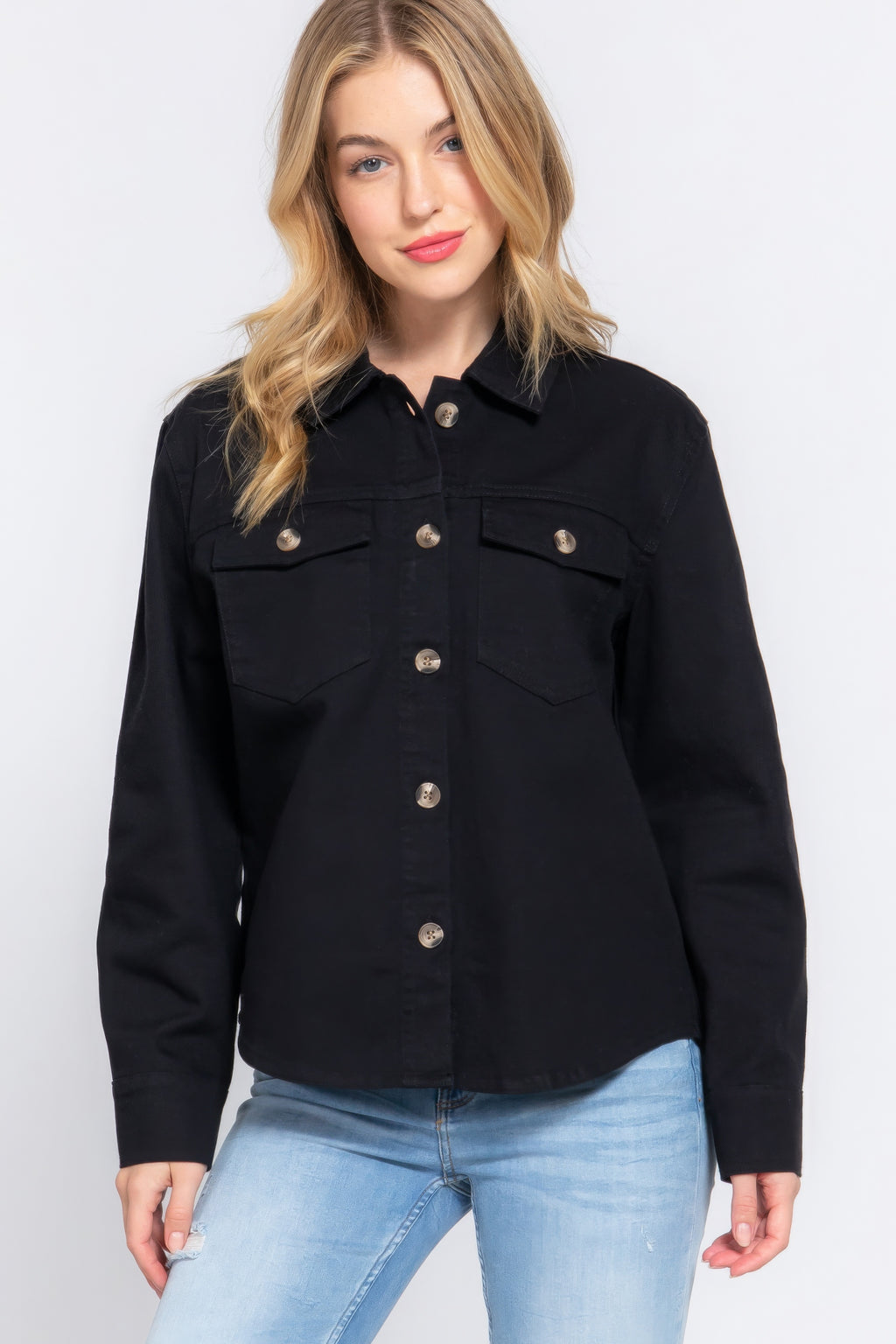 Black button-front cotton denim shacket with pointed collar and chest flap pockets