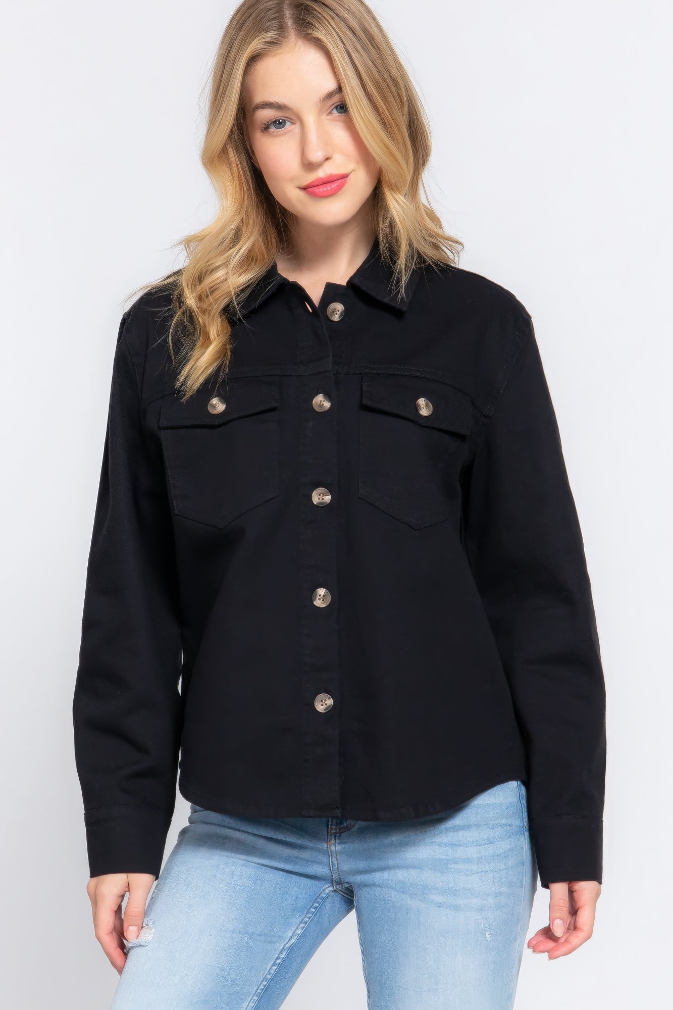 Black button-front cotton denim shacket with pointed collar and chest flap pockets