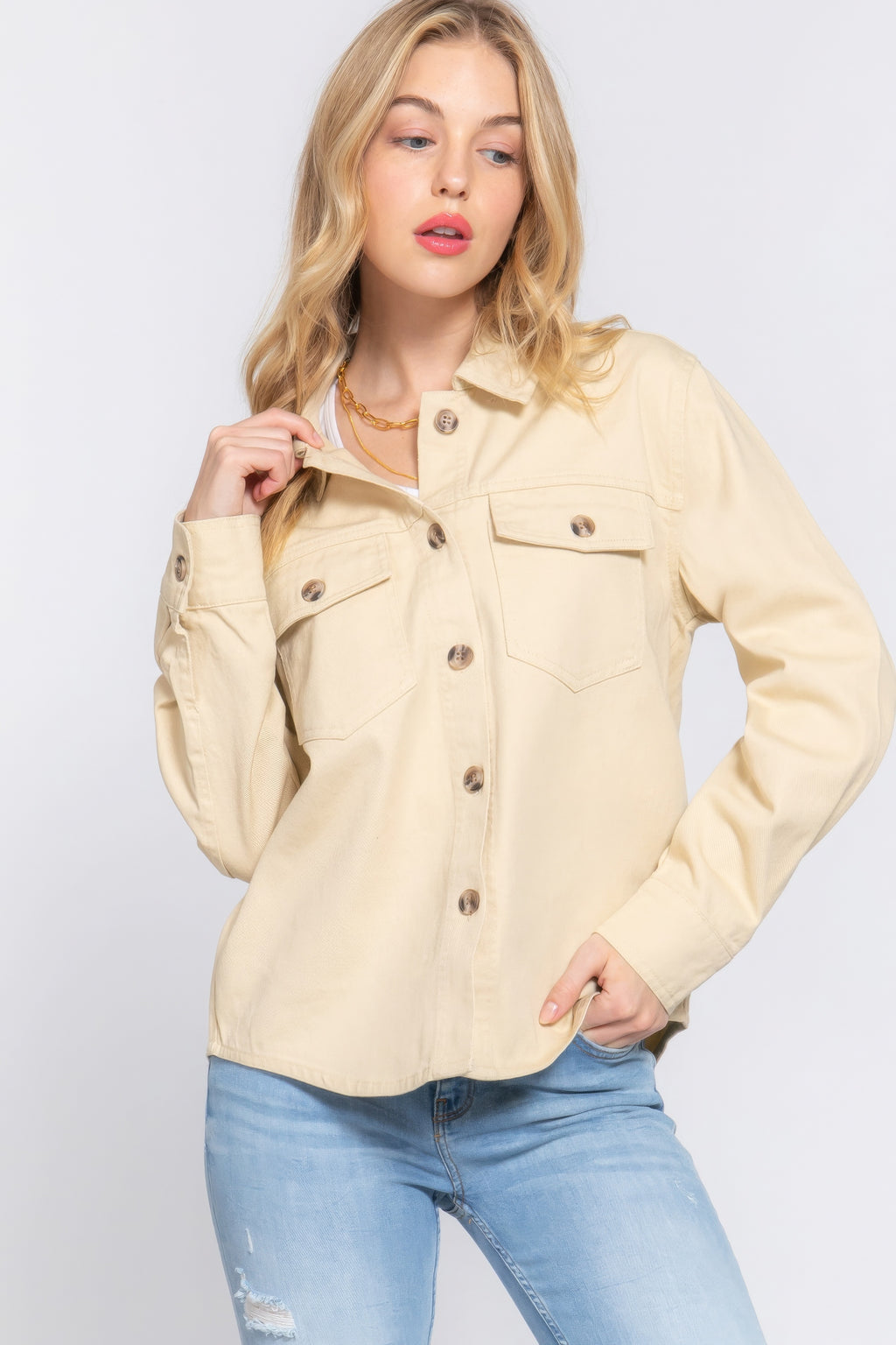 Taupe cotton denim shacket with button-front, chest flap pockets, and long sleeves