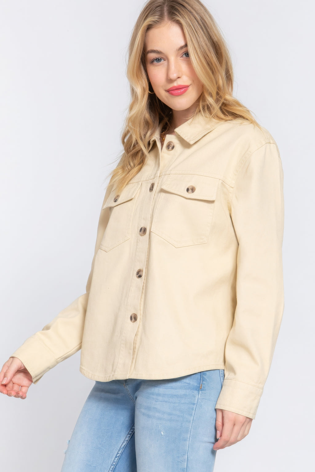 Taupe cotton denim shacket detail view, button placket and chest flap pockets