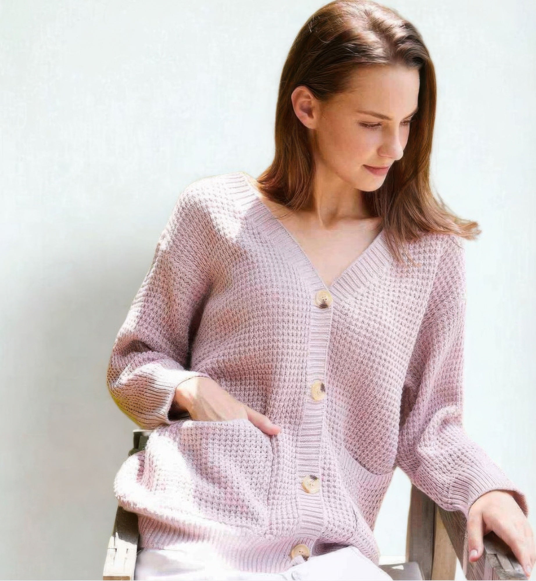 V-neck button knit cardigan, long sleeves, textured waffle knit, light mauve