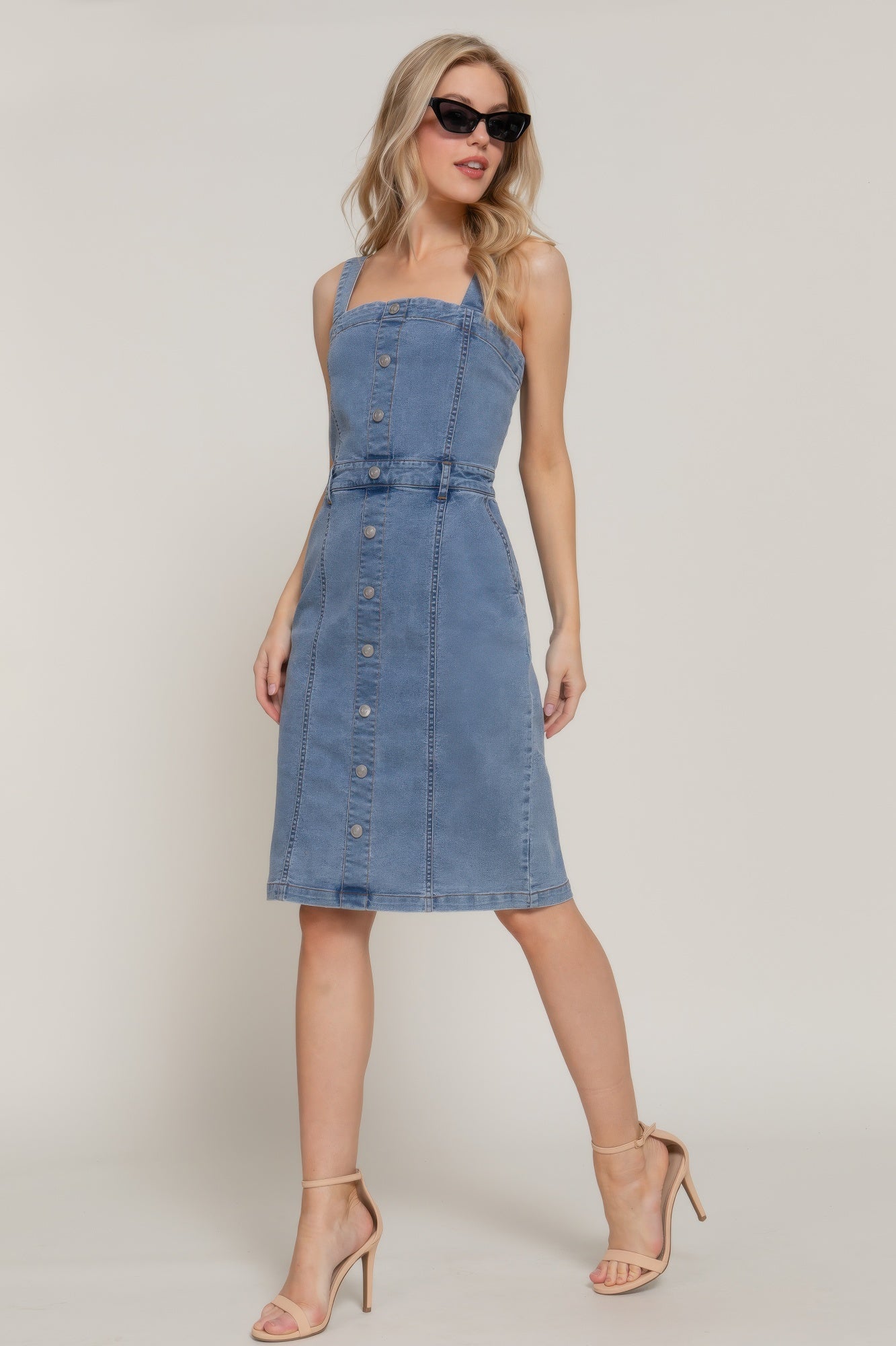 Button Down Placket Stretch Denim Dress - Tigbul's Variety Fashion Shop