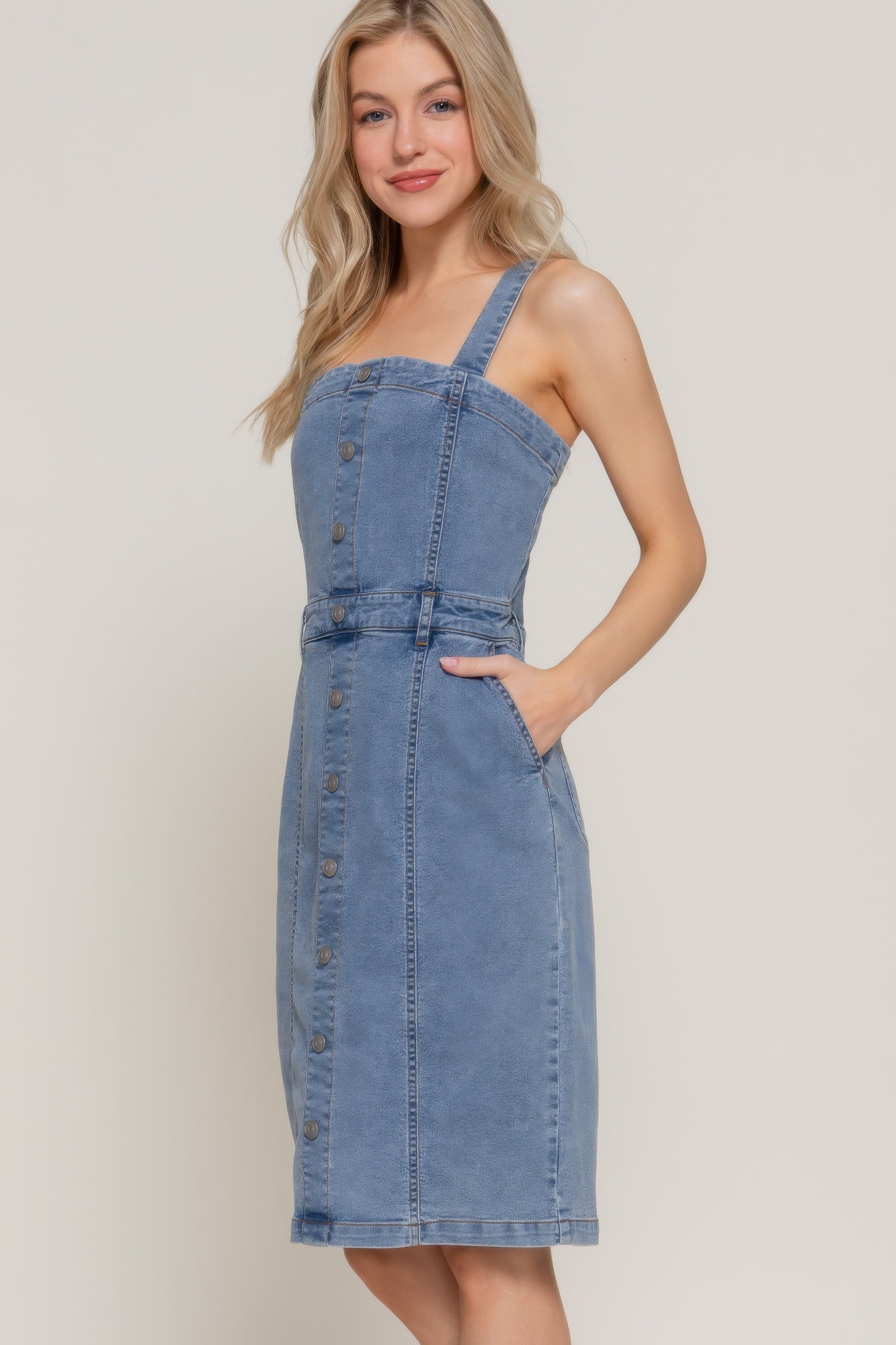 Button Down Placket Stretch Denim Dress - Tigbul's Variety Fashion Shop