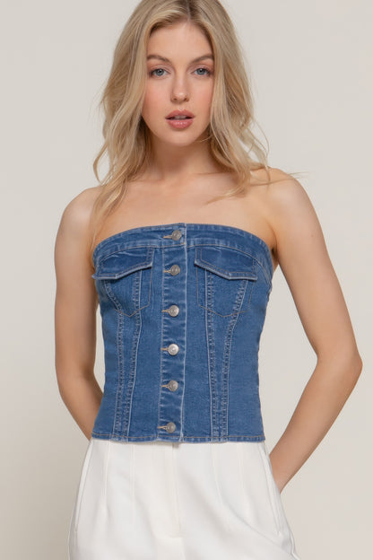 Button Down Placket Stretch Denim Tube Top - Tigbul's Variety Fashion Shop