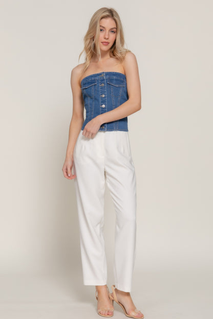 Button Down Placket Stretch Denim Tube Top - Tigbul's Variety Fashion Shop