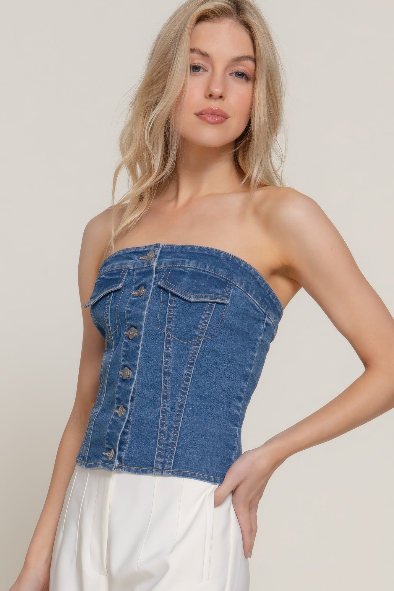 Button Down Placket Stretch Denim Tube Top - Tigbul's Variety Fashion Shop