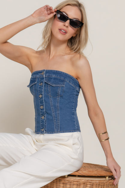 Button Down Placket Stretch Denim Tube Top - Tigbul's Variety Fashion Shop