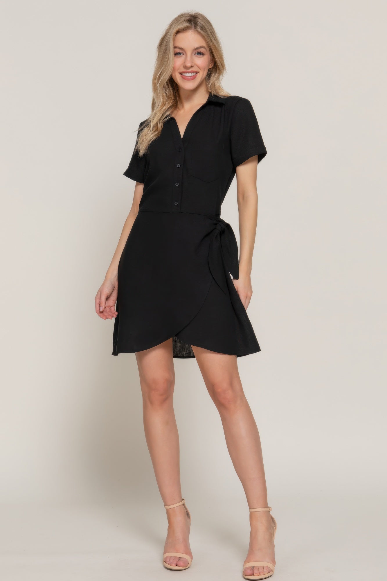 Black linen-effect mini dress with side-tied bow detail and short buttoned sleeves