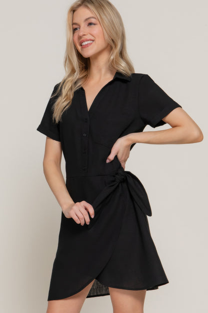Button Down Side Bow Linen Effect Mini Dress - Tigbul's Variety Fashion Shop