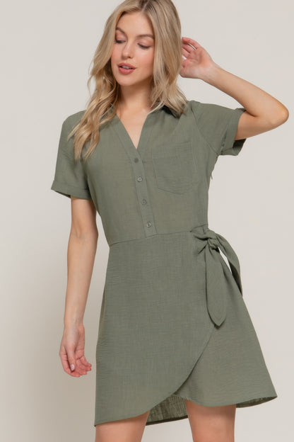 Button Down Side Bow Linen Effect Mini Dress - Tigbul's Variety Fashion Shop