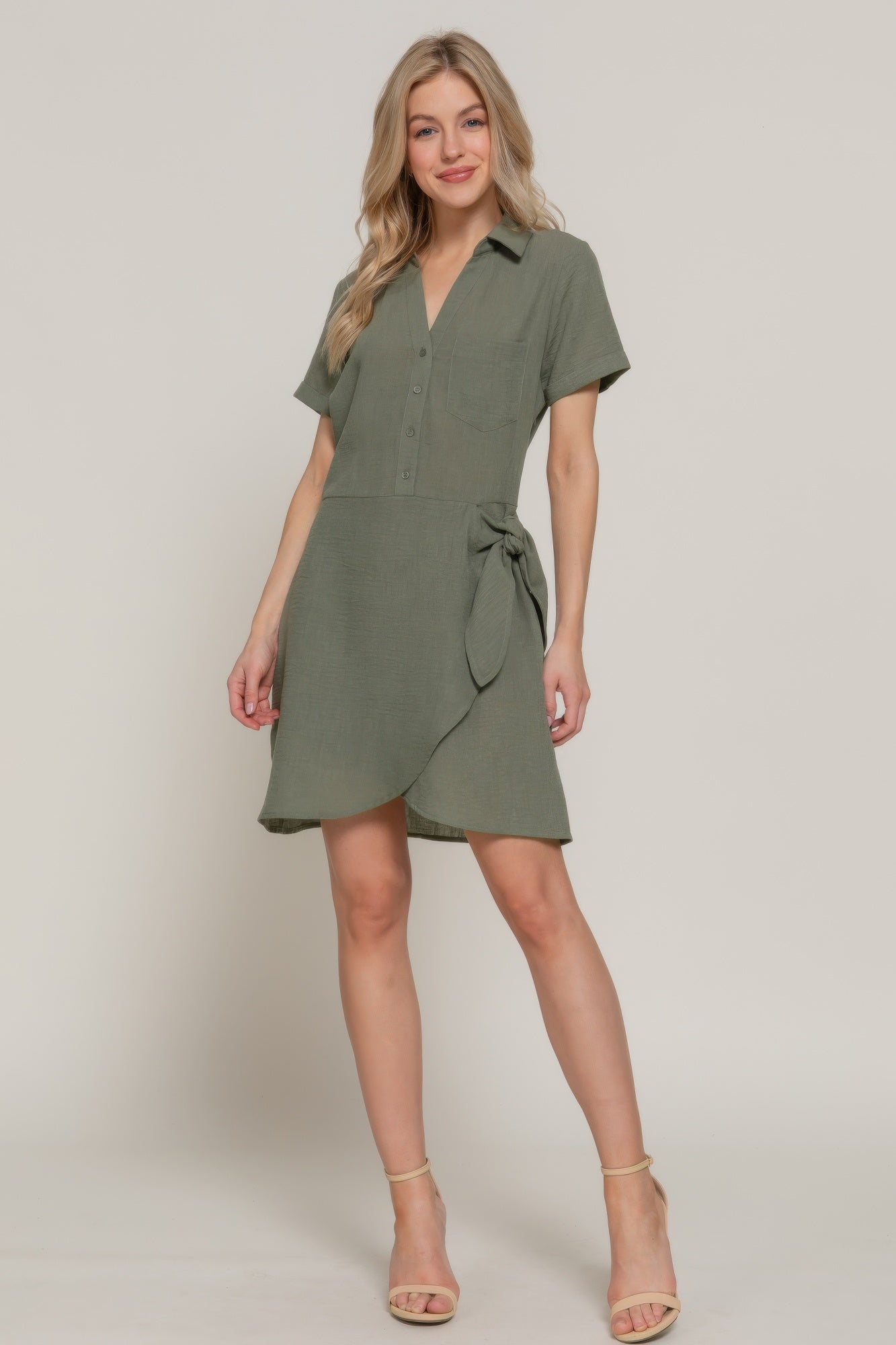Button Down Side Bow Linen Effect Mini Dress - Tigbul's Variety Fashion Shop