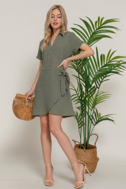 Button Down Side Bow Linen Effect Mini Dress - Tigbul's Variety Fashion Shop