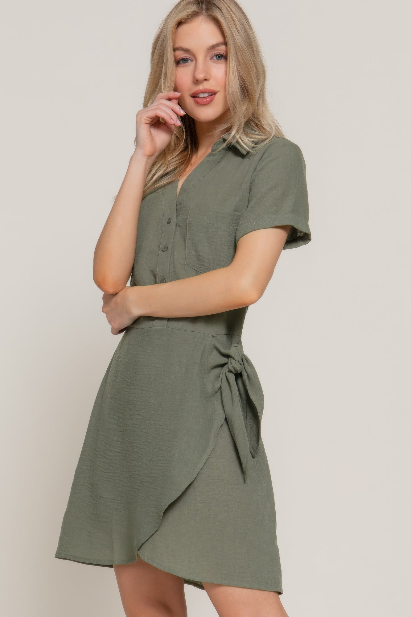 Button Down Side Bow Linen Effect Mini Dress - Tigbul's Variety Fashion Shop